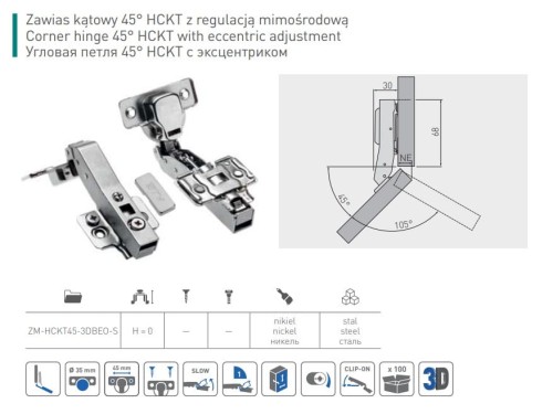 Zawias meblowy hydrauliczny kątowy 45°