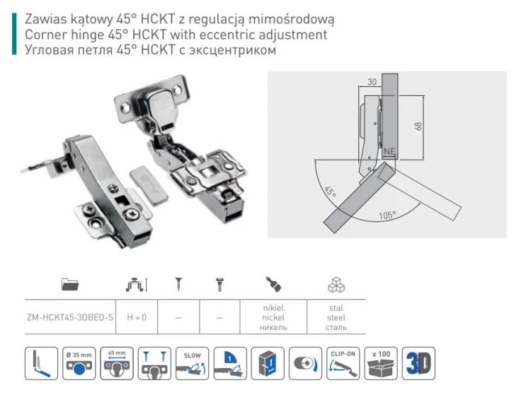 Zawias meblowy hydrauliczny kątowy 45°