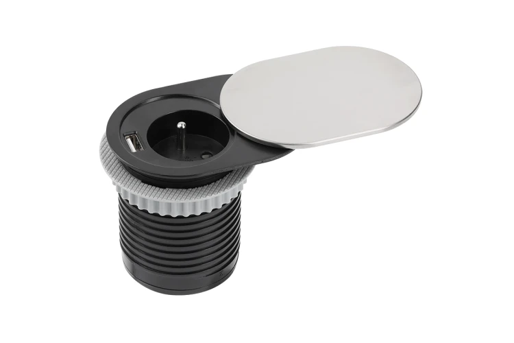Przedłużacz biurkowy wpuszczany SLIDE 60mm 1x gn z uziemieniem 1xUSB 24A inox kabel 19m
