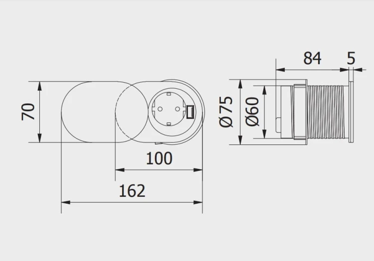 Przedłużacz biurkowy wpuszczany SLIDE 60mm 1x gn z uziemieniem 1xUSB 24A inox kabel 19m