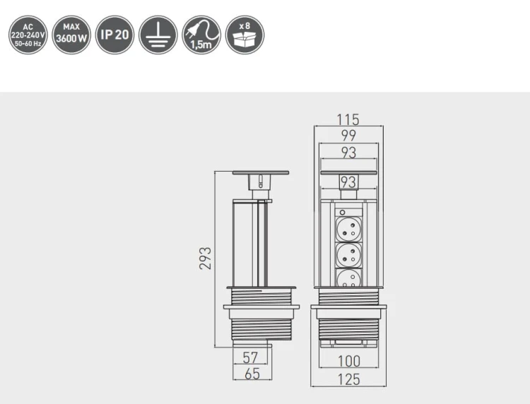 Przedłużacz biurkowy wpuszczany 100mm 3x gniazdo z