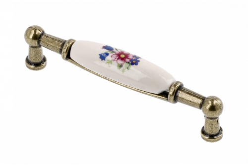 Uchwyt porcelanowy 0728-BR R-różowy kwiatek antyczny mosiądz