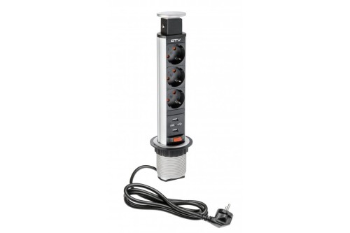 Biurkowy przedłużacz wpuszczany 60mm 3x schuko 2xUSB 21A 5V (srebrny)