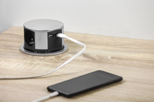 Przedłużacz biurkowy wpuszczany COMFORT 100mm 3x gniazdo z uziemieniem 2xUSB 24Aalu kabel 1,5m