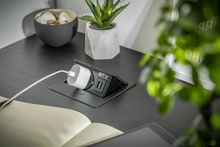 Przedłużacz biurkowy wpuszczany AVARO 1x gniazdo french 2xUSB A kabel 1.5m srebrny