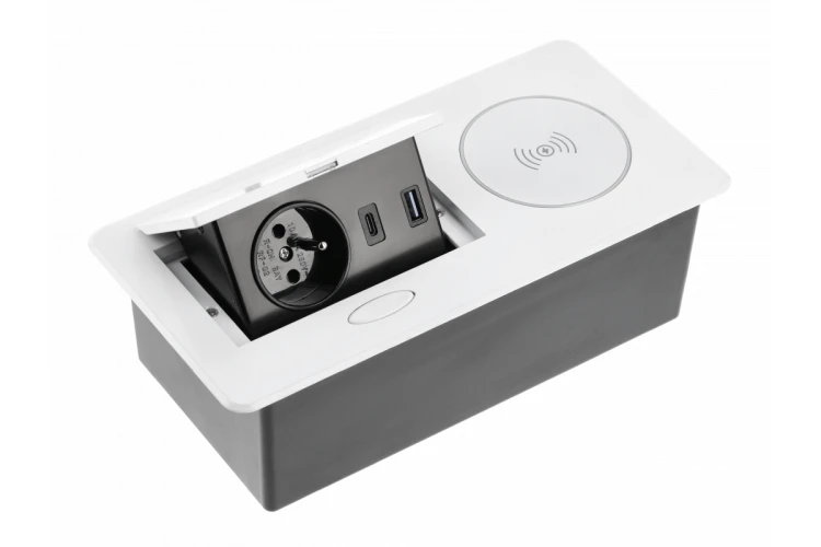 Przedłużacz biur wpuszcz AVARO PLUS1x gn frenchUSB A+C ładowarka indukcyjna 5Wprzewód 1.5mbiały