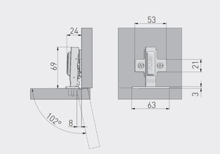 Zawias meblowy hydrauliczny ECHC  prosty prowadnik H=0 4 otwory