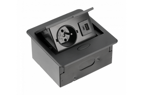 Gniazdo meblowe wpuszczane AVARO, 1x gniazdo french, USB A+C, przewód 1.5m, czarny
