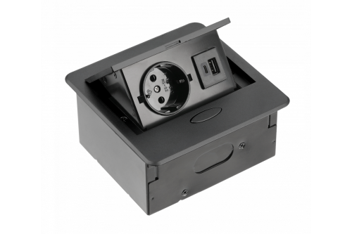 Gniazdo meblowe wpuszczane AVARO, 1x gniazdo schuko, USB A+C, przewód 1.5m, czarny