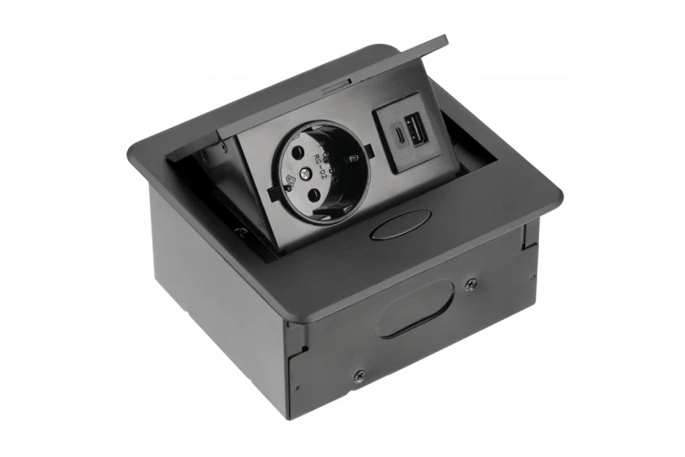 Gniazdo meblowe wpuszczane AVARO, 1x gniazdo schuko, USB A+C, przewód 1.5m, czarny