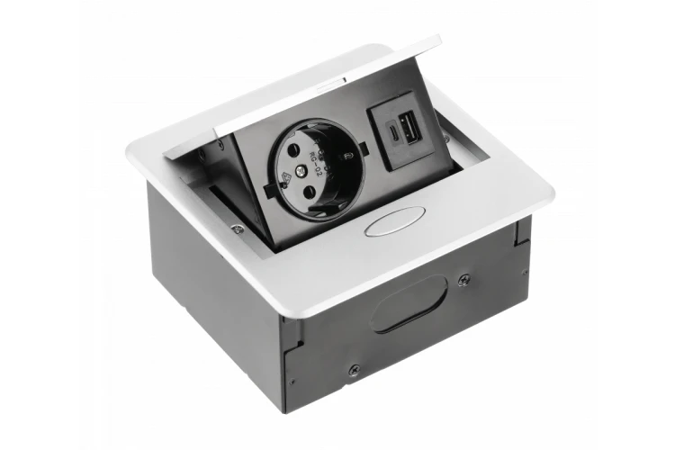 Gniazdo meblowe wpuszczane AVARO, 1x gniazdo schuko, USB A+C, kabel 1.5m, srebrny