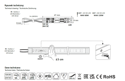 Wyłącznik zbliżeniowy IR KX60 do profili LED | 12V / 24V | Bezdotykowy
