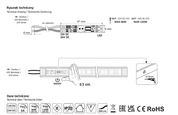 Wyłącznik zbliżeniowy IR KX60 do profili LED | 12V / 24V | Bezdotykowy