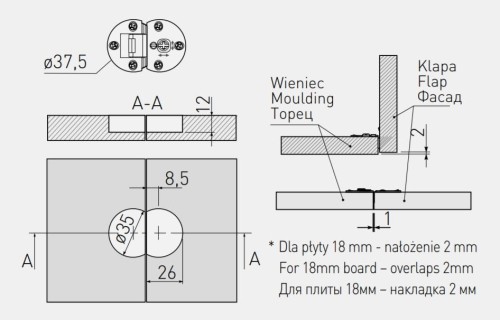 Zawias meblowy barkowy do podnośnika VIM - niklowany