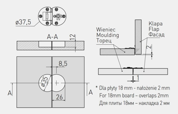 Zawias meblowy barkowy do podnośnika VIM - niklowany