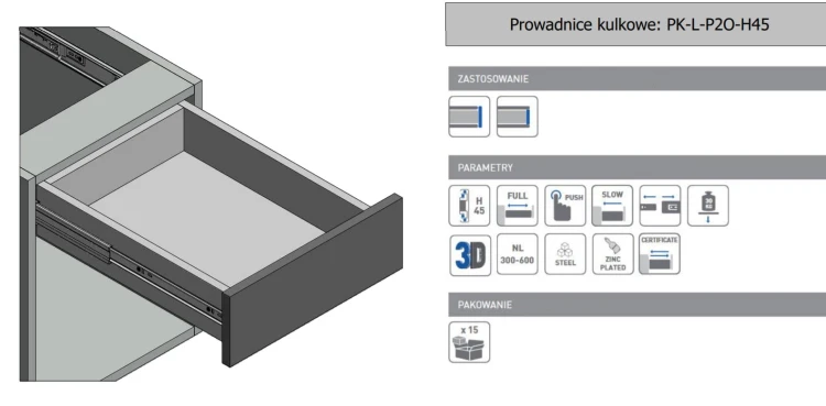 Prowadnica kulkowa VERSALITE push H=45 L-300mm