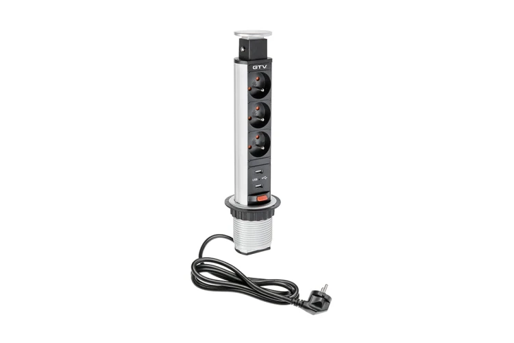 Biurkowy przedłużacz wpuszczany 60mm 3x 2 USB srebrny
