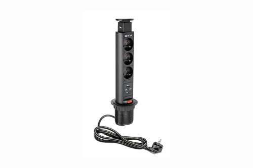 Biurkowy przedłużacz wpuszczany 60mm 3x gniazdo z uziemieniem 2xUSB 21A 5V (czarny)
