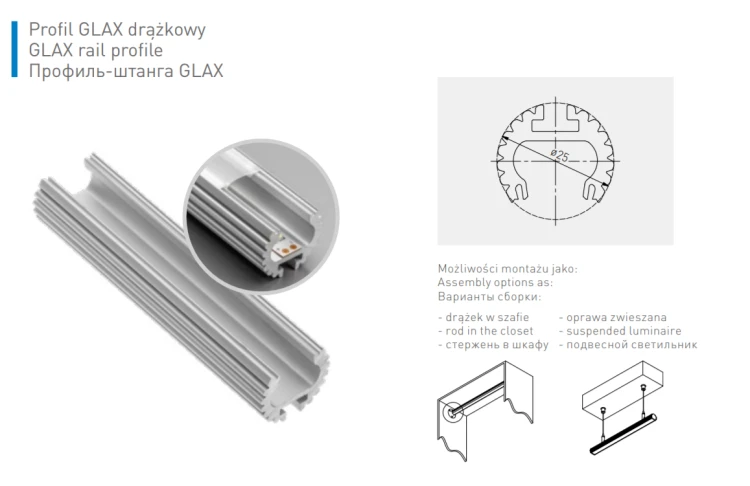 Profil LED drążek GLAX 2M silver