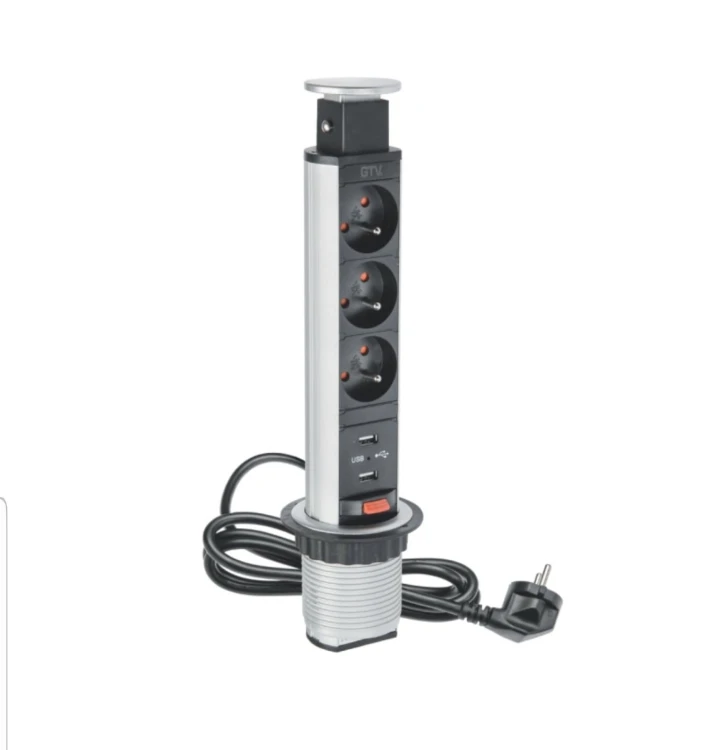 Biurkowy przedłużacz wpuszczany 60mm 3x 2 USB srebrny