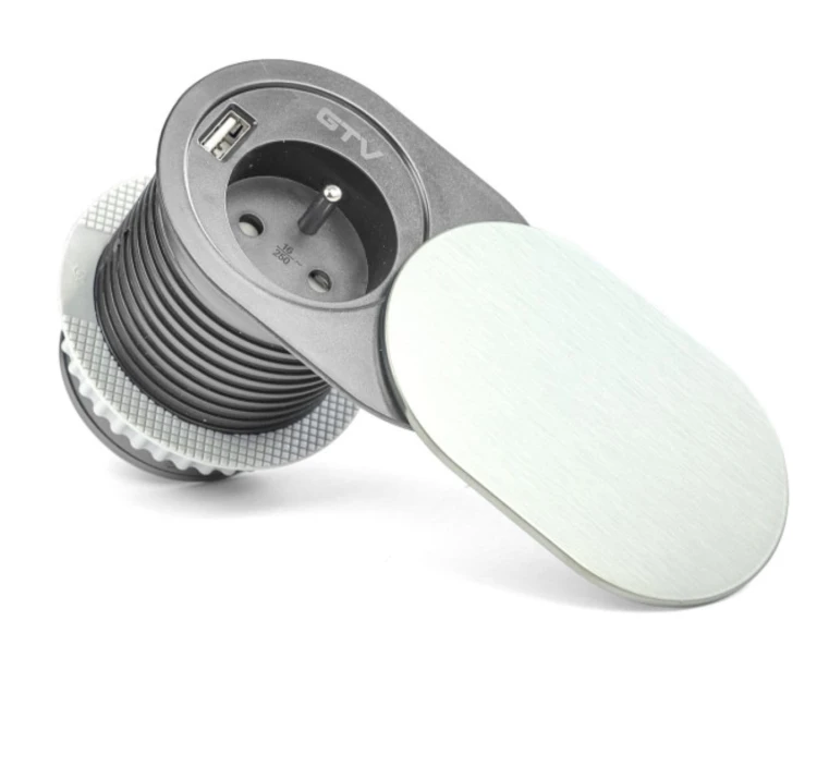 Przedłużacz biurkowy wpuszczany SLIDE 60mm 1x gn z uziemieniem 1xUSB 24A inox kabel 19m